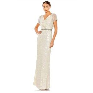 Mac Duggal Beaded Butterfly Sleeve Column Belted Gown Size 8 Nude Silver 93678